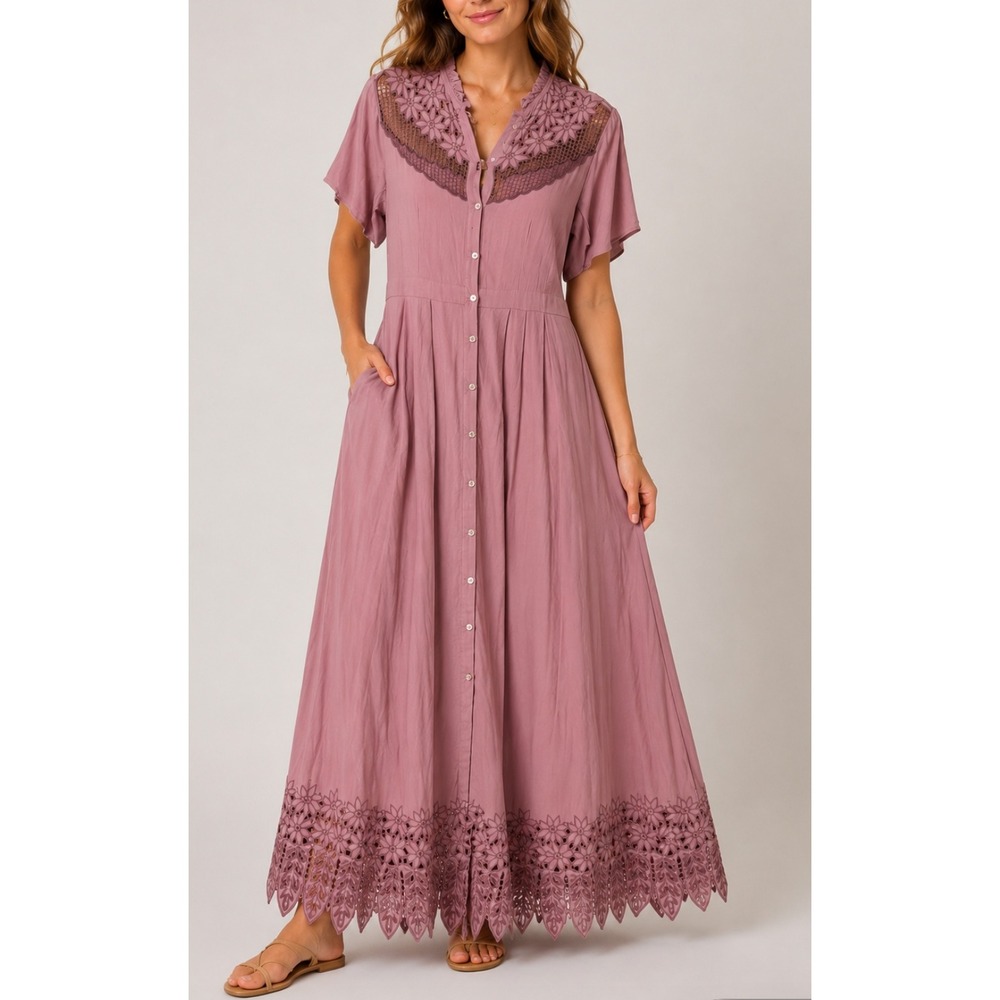 NEW Cleobella Zahara Midi Dress‎ Dusty Rose Pink Floral Eyelet Lace Boho Mauve M